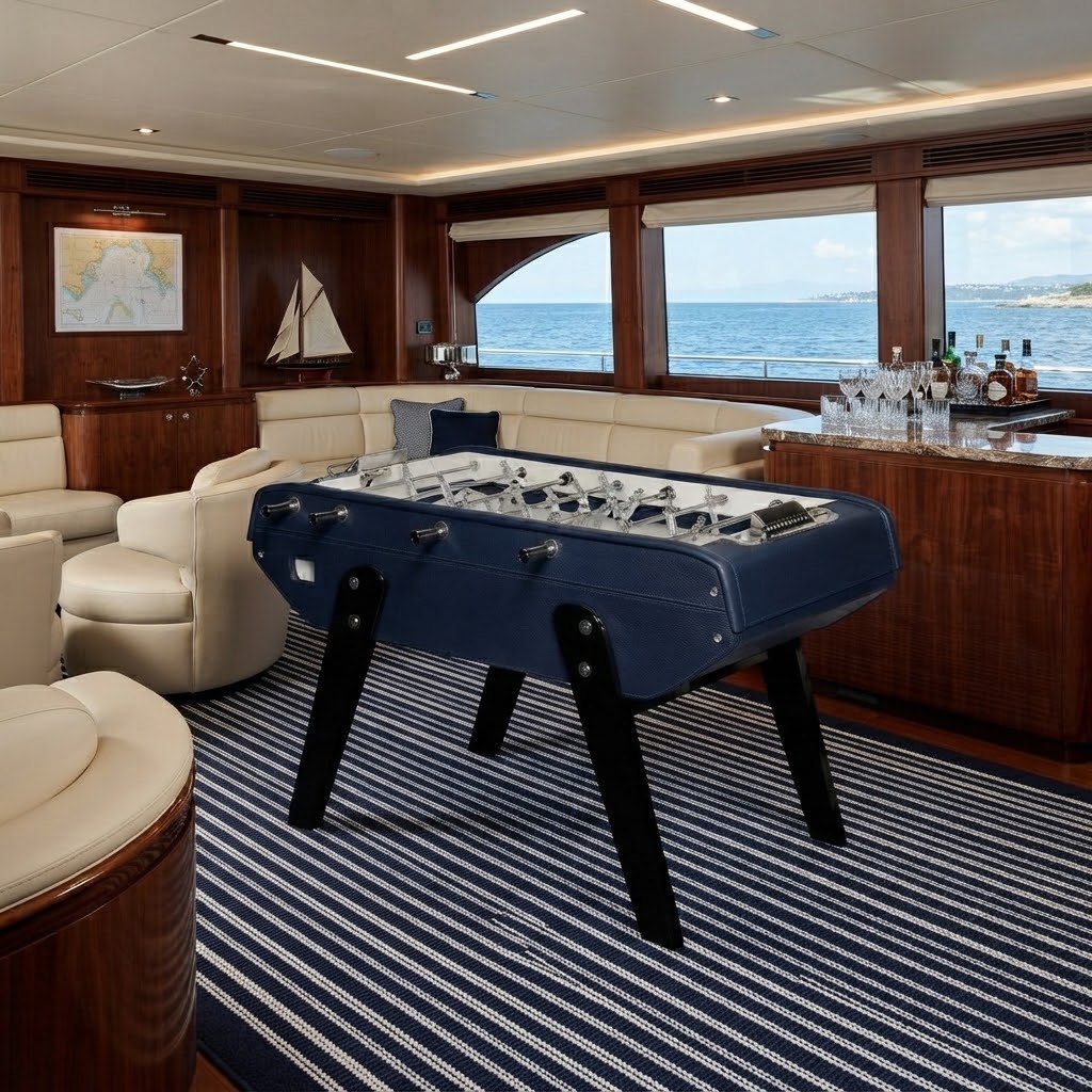 Baby-foot Bonzini en cuir bleu nuit dans le salon d'un yacht