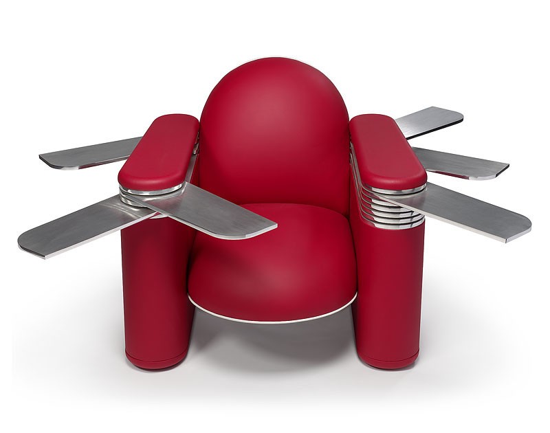 Fauteuil Couteau Suisse en cuir rouge, lames d'aluminium poli miroir