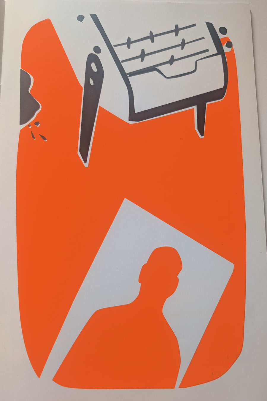 Illustration du fanzine : un baby-foot et un buste orange sur fond blanc, par Éric Doxat