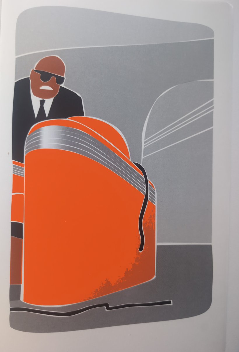 Illustration du fanzine : un homme en costume sombre et lunettes noires derrière un fauteuil orange aux accoudoirs d'aluminium, sur fond gris