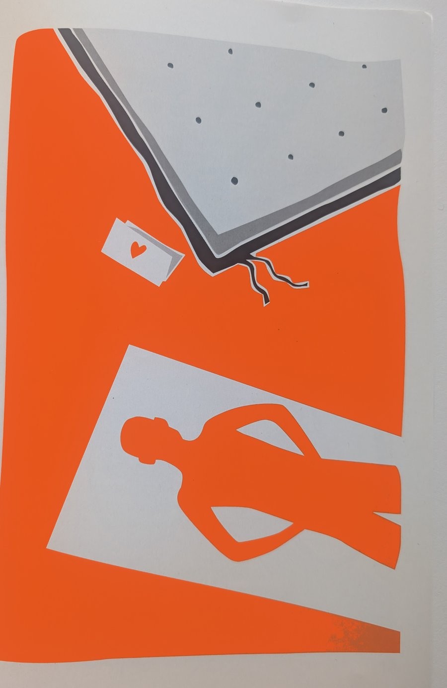 Illustration du fanzine : un matelas gris et une silhouette orange sur fond blanc, par Éric Doxat